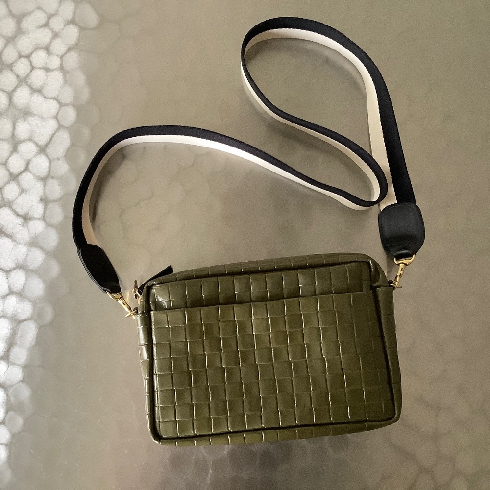 NEW CLARE V MARISOL ARMY GREEN  WOVEN  EMBOSSED LEATHER CROSSBODY